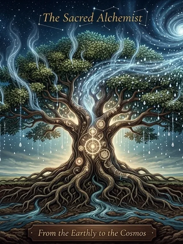 The Sacred Alchemist — a tree bridging earth and cosmos, roots drawing water below, leaves releasing rain to the stars above