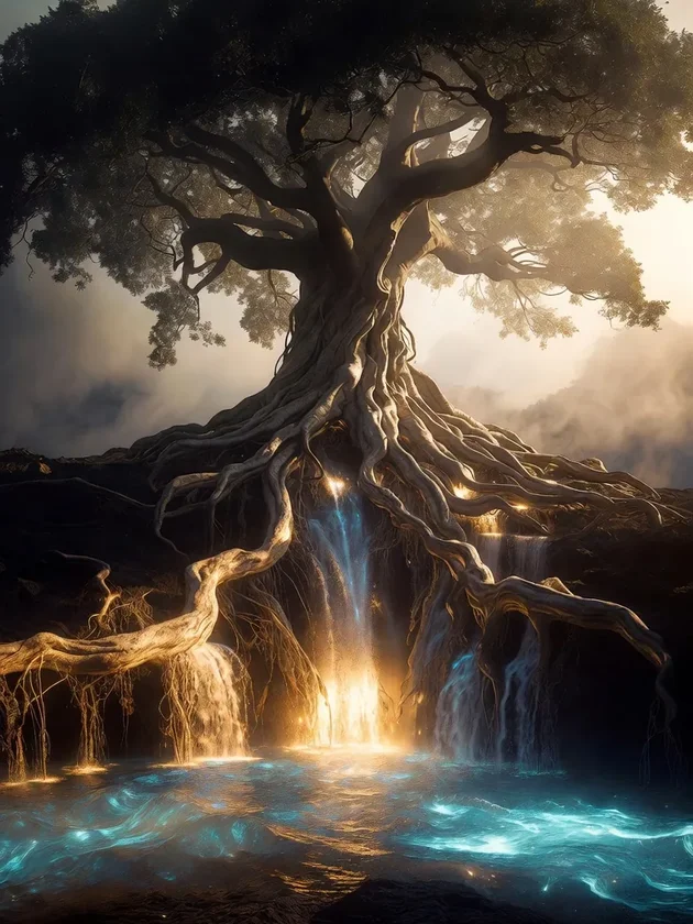 Arbre de vie avec racines lumineuses plongeant dans l'eau souterraine — Kundalini et bien-être sacré — JAHKO Wellness