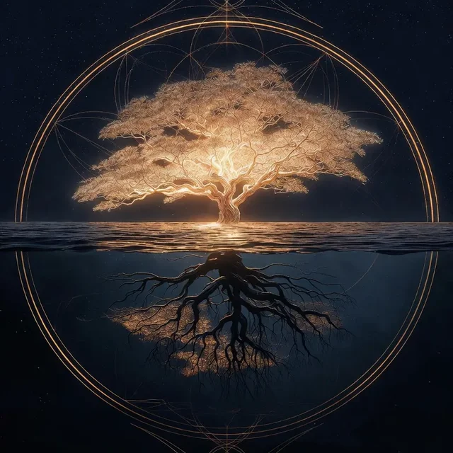 Arbre de vie et son reflet dans l'eau encerclé de géométrie sacrée dorée — Intégration de l'Ombre jungienne — JAHKO Wellness
