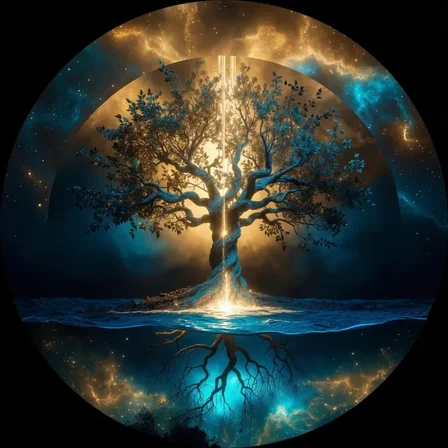 Arbre cosmique entouré de lumière dorée et d'eau turquoise — La Sève Sacrée, énergie Kundalini — JAHKO Wellness